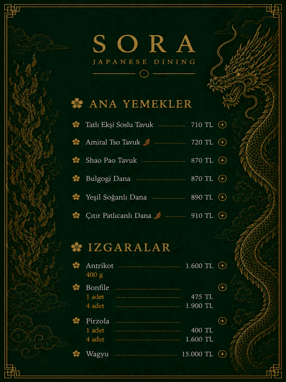 SORA Ana Yemekler ve Izgaralar menüsü