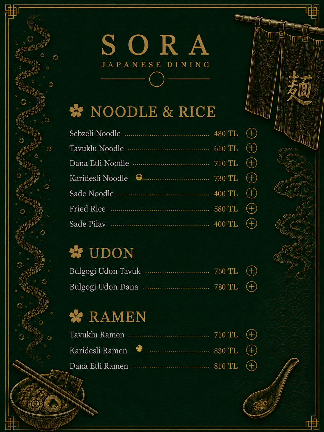 SORA Noodle, Udon ve Ramen menüsü